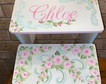 French ribbons and romantic roses, pink blues green, personalized gifts, bathroom stool, girls, baby nursery, shower birthdays