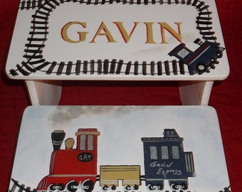 Hand Painted  Trains, Locamotive, Caboose, Bathroom Stool, Boys, Toddlers,personalized gifts, Baby nursery decor, Stepstool for bedroom