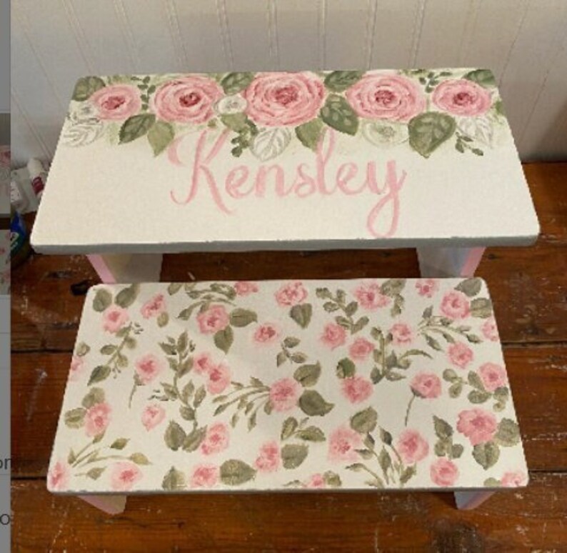 Girls Personalized Step Stool, Kids Furniture, Roses, Romantic Floral, Bathroom Stool, baby Nursery gifts, Black Stripes image 3