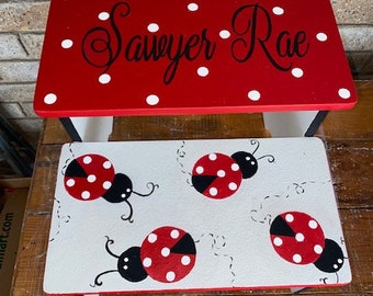 RED Lady bugs, red black white, wooden bench, personalized gifts, nursery decor, baby shower, bathroom stool. Girls step stool