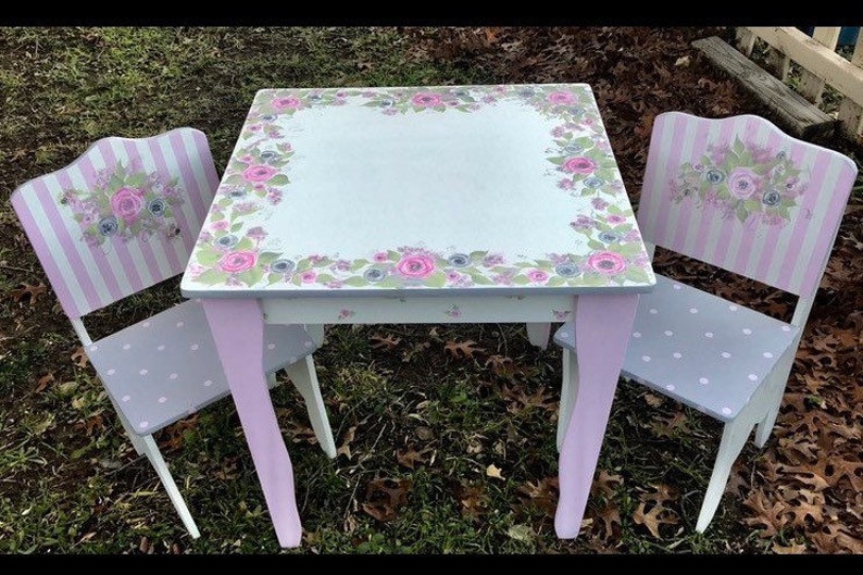 Hand Painted Childrens Table and Chair Set Pink White Etsy