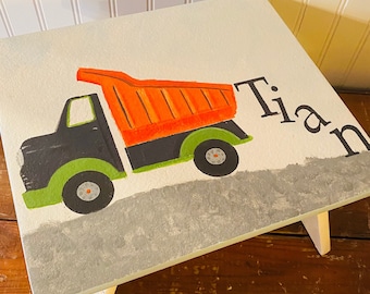 Single step stool, boys stool, construction truck, personalized gifts , trucks, transportation, wooden stool, bathroom stool, nursery gift