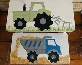 Tractors, dump truck, grey blue green black,boys bathroom stool, personalized gifts, baby nursery decor.construction theme room decor