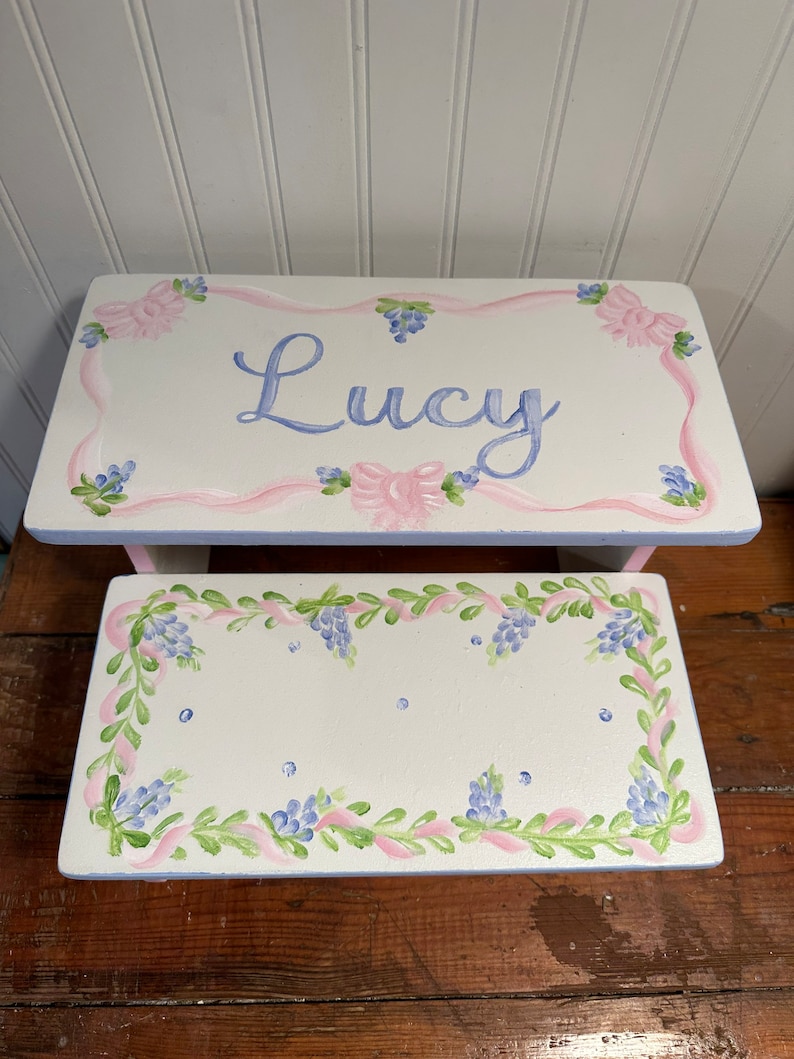 Girls Bows and Bluebonnets step stool.French Blue, romantic girls decor, bathroom stool, personalized gifts, baby nursery, baby shower gifts image 2