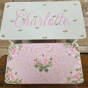 Hand Painted  step stool for GIRLS, Pink Roses, Gold, Nursery Decor, Bathroom Stool, Personalized, baby girl, romaNtic shabby