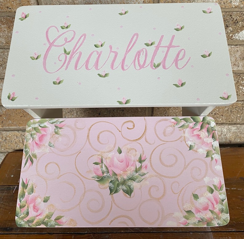 Hand Painted Pink Roses Gold Nursery Decor Bathroom Stool Etsy