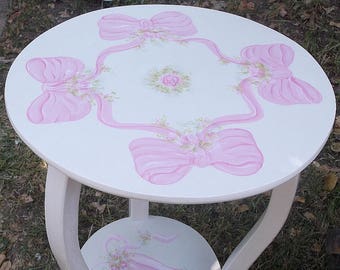 Coquette Bows, Nursery side table furniture for girls, round, Pink BOWS and Roses, Ballet decor, Kids Nightstand, end table, Ballet shoes,
