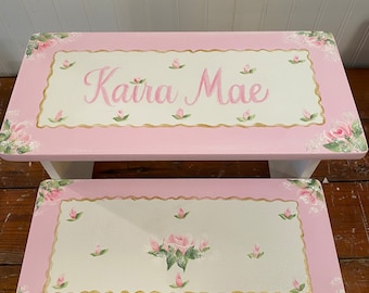 Girls step stools,Hand Painted  Pink Roses, Gold, Nursery Decor, Bathroom Stool, Personalized, baby girl, romatic shabby