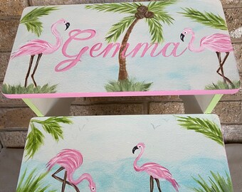 Flamingos, pink flamingo, palm trees, tropical theme, girls bathroom stool, personalized, baby nursery, Gifts for Her Girls Toddlers Kids