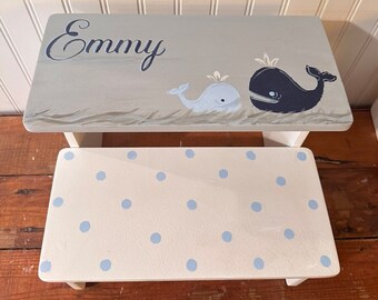 Grey whales, boys nautical, bathroom stool ,personalized, nursery decor, childs,kids, blue grey, green,