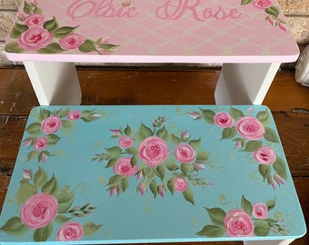 Vintage Barkcloth, inspired Floral, Girls, bedside stool, benches, bathroom stool, personalized, toddler, baby Nursery, Baby gift