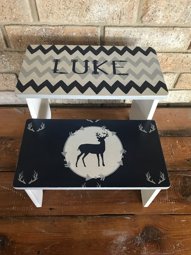 Navy Grey Childs Step Stool Deer Arrowschevron Bathroom Etsy