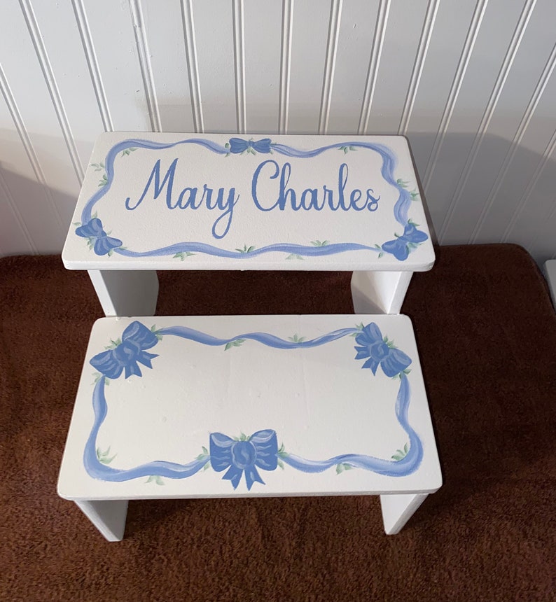 Girls Bows and Bluebonnets step stool.French Blue, romantic girls decor, bathroom stool, personalized gifts, baby nursery, baby shower gifts image 3