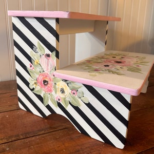 Girls Personalized Step Stool, Kids Furniture, Roses, Romantic Floral, Bathroom Stool, baby Nursery gifts, Black Stripes image 2