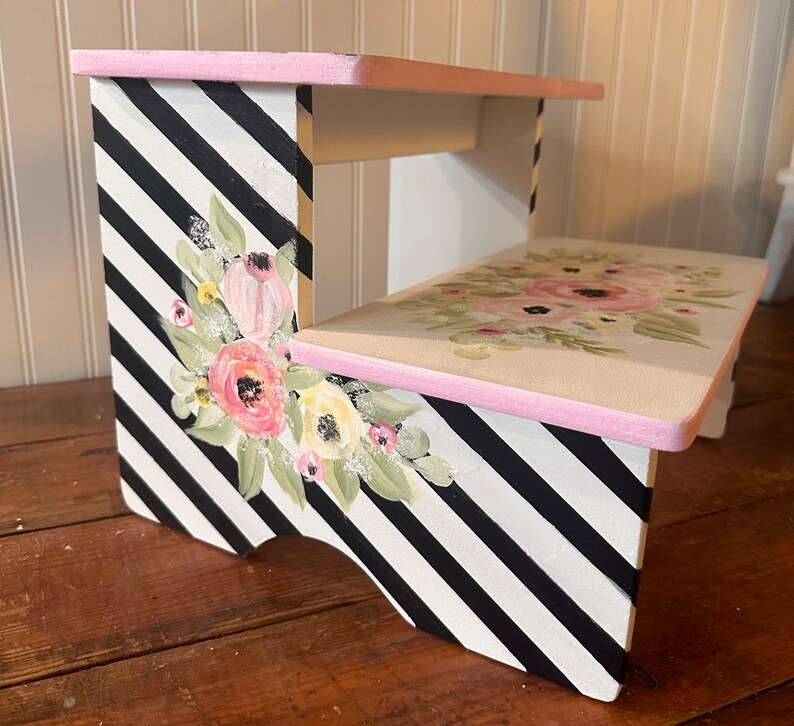 Girls Personalized Step Stool, Kids Furniture, Roses, Romantic Floral, Bathroom Stool, baby Nursery gifts, Black Stripes image 2