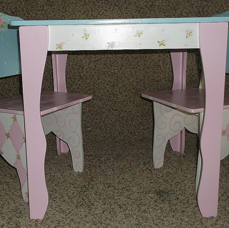 Hand Painted Childrens Table and Chair Set Pink White Etsy