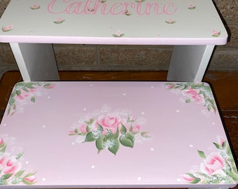 Hand Painted Personalized Step stool, For girls Teens Tween Baby Toddlers Kids and Adults, pink roses, Bathroom stool,nursery closet Kitchen