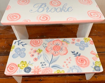 Girls stool, hand painted. Sasha bedding, Pink Floral, Bathroom Stools, Personalized, Baby nursery,