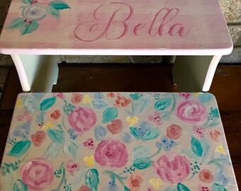 Floral Watercolor roses, all handpainted, girl, pink,bathroom stool,personalized gift, baby nursery decor, bathroom stool,