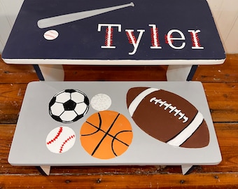 Sports Room, Football baseball,Soccer basketball Golf, Navy Grey White Red, Boys Bathroom stool, Personalized gifts , nursery baby gifts