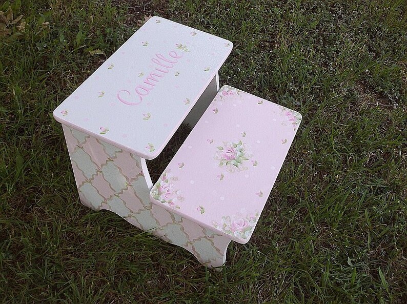 Hand Painted Pink Roses Gold Nursery Decor Bathroom Stool Etsy