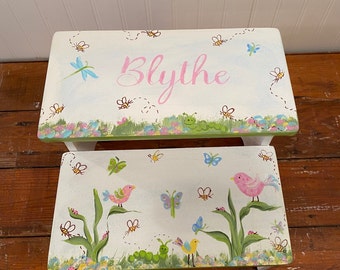 Garden decor, Hand Painted GIRLS step stool, ladybugs, Caterpillars butterfly bees bugs birds flowers, personalized baby kids gift, bath