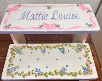 Girls Bows and Bluebonnets step stool.French Blue, romantic girls decor, bathroom stool, personalized gifts, baby nursery, baby shower gifts