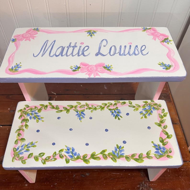 Girls Bows and Bluebonnets step stool.French Blue, romantic girls decor, bathroom stool, personalized gifts, baby nursery, baby shower gifts image 1