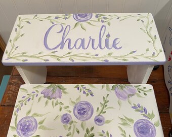 Lavender Girls Step Stool,  purple lilac  Roses, personalized gift, Bathroom stool, Kids Toddlers children, Baby Nursery shower gift