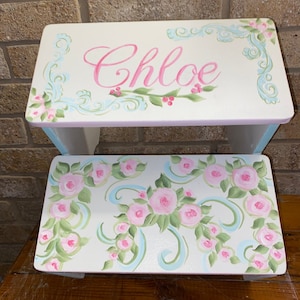 Toddler Girls Personalized Step Stool, Roses Romantic Floral ribbons, Bathroom step, baby Nursery gift, wooden hand painted, custom for you!