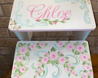 Girls  Personalized Step Stool,Kids Furniture, Roses, Romantic Floral ribbons, Bathroom Stool, baby Nursery gifts, wood