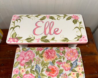 Floral Girls Step Stool. Pink,peachy Roses. Blues Birds Blooms,personalized gift, Bathroom stool, Closets, Teen, Baby Nursery, kids Gifts