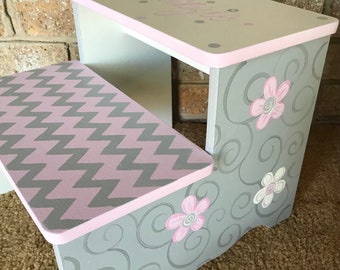 Hand Painted  Pink grey, girls nursery decor, bathroom stool, personalized gifts, floral, baby shower