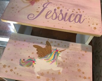 Hand Painted Unicorns, Fairies, Mermaids, pixie dust, glitter, personalized gifts, baby nursery, bathroom stool, girls magical unicorns