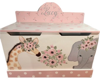 Floral Toy Box for Girls,  personalized, toy storage, toddler room, baby nursery, gifts for toddlers kids Child ,Giraffe Elephants