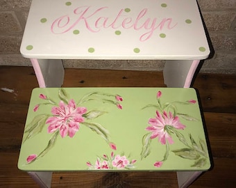 Vintage inspired fabric, Toddler Kids Childs wood, Personalized gift, Bathroom Stool, Girls Baby Nursery