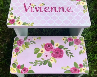 Gifts for Girls, Hand Painted  Watercolor roses, Berry florals,  personalized gifts, bathroom stool,  pinks Berry and Sage,