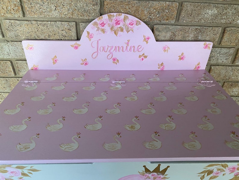 Personalized Girls Toy Box, pink Swans, Roses, Gold Pink, Hand made toy box,storage chest, gift, nursery baby gift, Girls. image 3