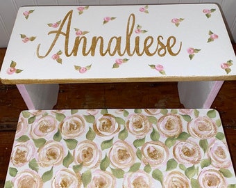 Watercolor roses, Blush pink, taupe girls, bench, personalized gift, bathroom stool, baby nursery, hand painted