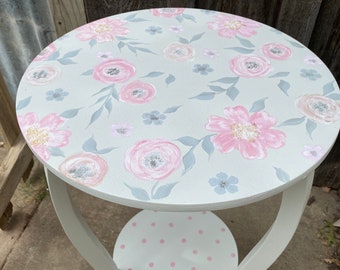 Round Nursery Side Table bedroom, SWEET JO JO Floral, Pink Blush flowers, gold gray, Childs, end table, teen Bedside table for lamp