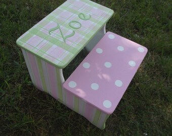 Hand Painted  Nursery Decor, Kids, Pinks Green, Bench, Baby Nursery gifts, Bathroom Stool, Personalized