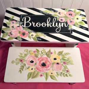 Girls Personalized Step Stool, Kids Furniture, Roses, Romantic Floral, Bathroom Stool, baby Nursery gifts, Black Stripes image 1