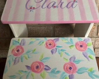 Girls Boho, Watercolor flowers, pink blue coral, Bathroom stool, personalized gift ,  Custom, Baby Nursery, toddler, kids, child