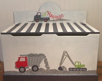 Construction trucks, boys toy chest, grey red navy blue personalized, baby nursery gifts,storage trunk, Cement Dump excavator Wrecker trucks