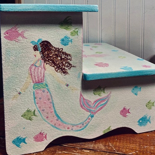 Under the sea, Mermaid,pbk, bathroom, shops personalized gifts, pink aqua pastels, bathroom stool,baby nursery
