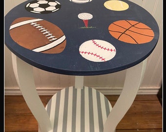 Boys Man sports cave, round side table, end table bedside, nursery sports room, football baseball New baby shower gift