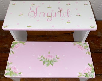 Girls Step stools,  Flamingos,Roses, pink white, bedroom stool,  Pink, Baby Nursery Decor, Bathroom Stool, Personalized ,Gifts,Roses