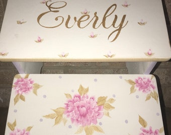 Girls Kids Step stools, Peonies, Rose Gold Pink Roses, personalized gifts for kids, Bathroom stool, childs bench, custom baby nursery decor