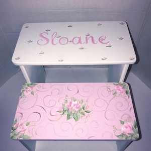 Step Stool personalized for girls, bathroom potty stool, baby nursery gifts, kids toddlers with name, roses hand painted,