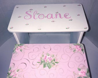 Step Stool personalized for girls, bathroom potty stool, baby nursery gifts, kids toddlers with name, roses hand painted,